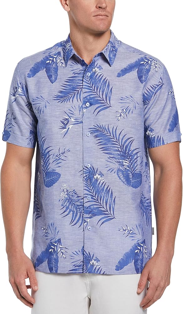 Cubavera Men's Linen Blend Cross Dye Tropical Print Short Sleeve Button-Down Shirt