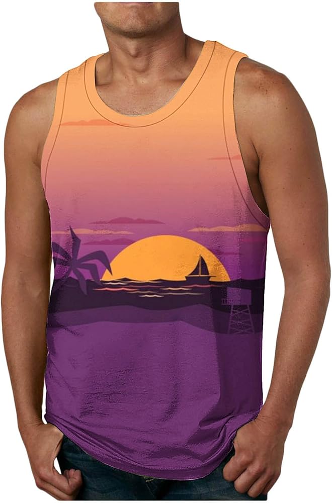 Mens Beach Tank Tops Plus Size Sleeveless Pullover Shirts Summer Hawaiian Palm Tree T-Shirt Casual O-Neck Blouses