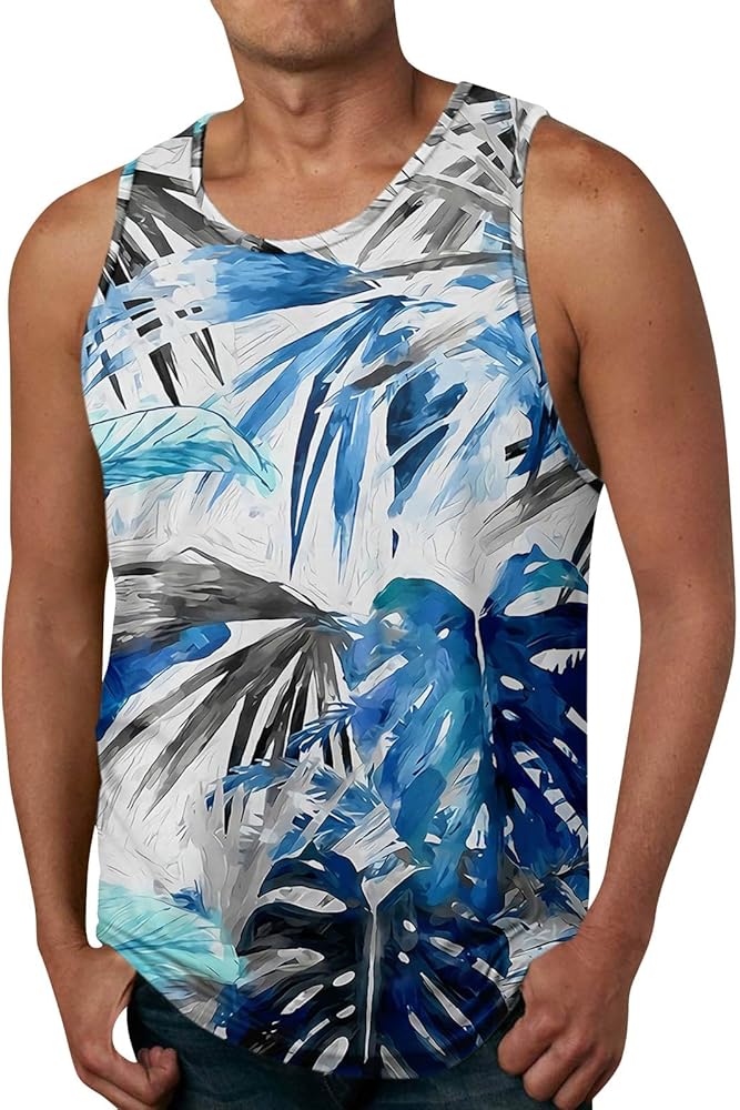 Mens Hawaiian Beach Tank Top Summer Fashion Gradient Print Sleeveless T Shirt Casual U Neck Loose Fit Hawaii Tops