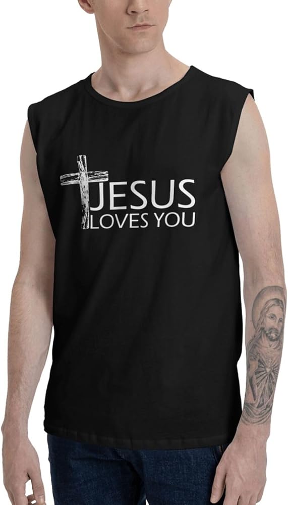 Jesus Loves You Faith Tanks Shirts Adult Classic Crewneck Tee Everyday Shirts Cotton Sleeveless T-Shirts for Mens