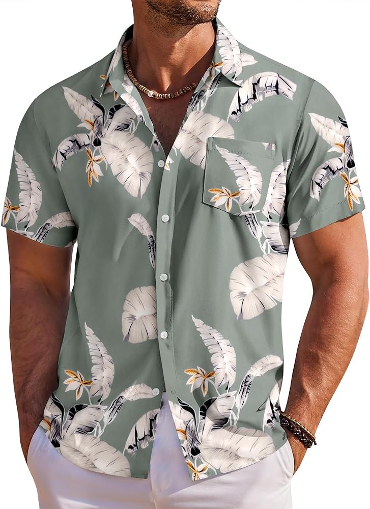 COOFANDY Men's Hawaiian Shirt Short Sleeve Floral Button Down Shirts Tropical Holiday Beach Shirts