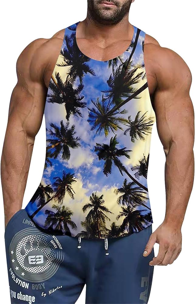 Tank Tops Men Summer Floral Print Hawaii Sleeveless T Shirt Casual U Neck Tropical Beach Palm Tree Tanks