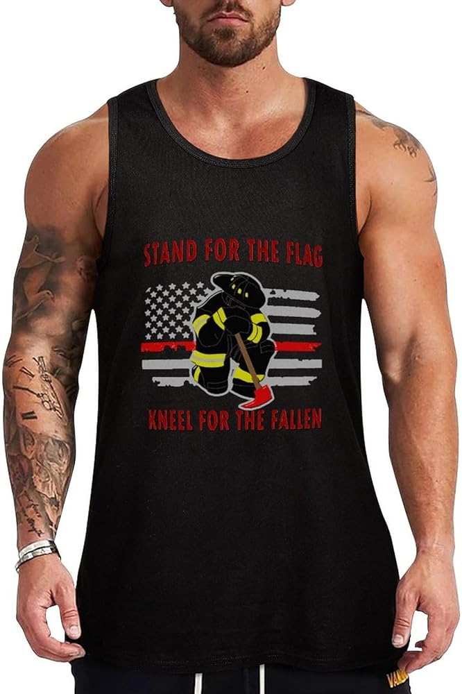 US Fireman Red Line Flag Breathable Men's Tank Top Soft Muscle Vest T-Shirts Quick Dry Sleeveless Fitness Tee