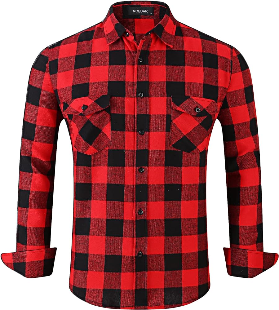 MCEDAR Men’s Plaid Flannel Shirts-Long Sleeve Casual Button Down Slim Fit Outfit for Camp Hanging Out or Work