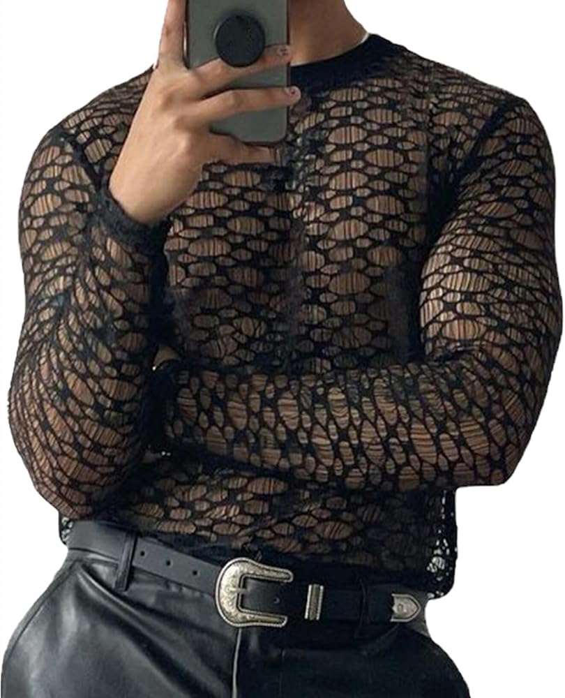 FEOYA Men’s Mesh See Through Shirts Sheer Transparent Club Party Casual Top Undershirts