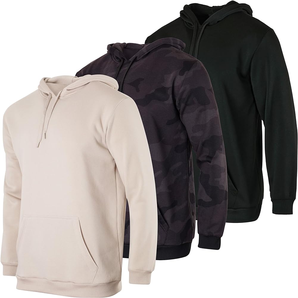 Real Essentials 3 Pack: Men's Fleece Pullover Hoodie - Long Sleeve Hooded Sweatshirt Pockets (Available in Big & Tall)