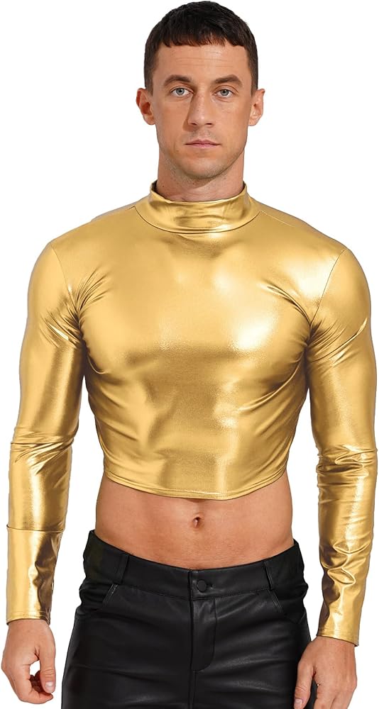 Mens Shiny Mock Neck Long Sleeve T-Shirts Tops Metallic Glitter Disco Club Party Tank Tops