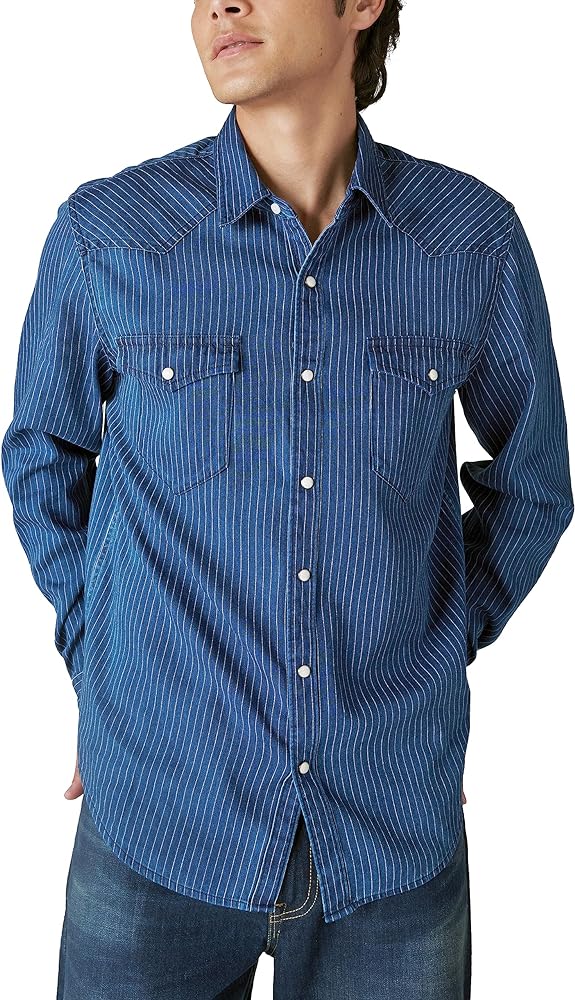 Lucky Brand Mens Railroad Stripe Western Long Sleeve Shirt