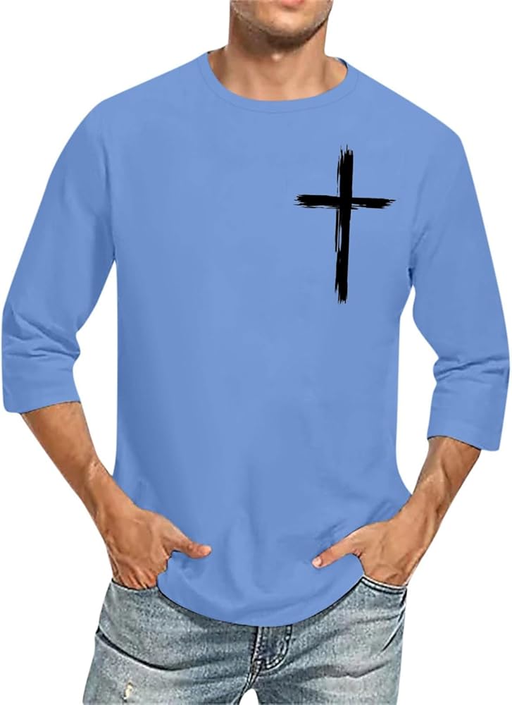 Men's T-Shirts Jesus Cross 3D Print Gym Shirt 3/4 Sleeve Novelty Graphic Tees Tops Christian Religious Bible TShirt