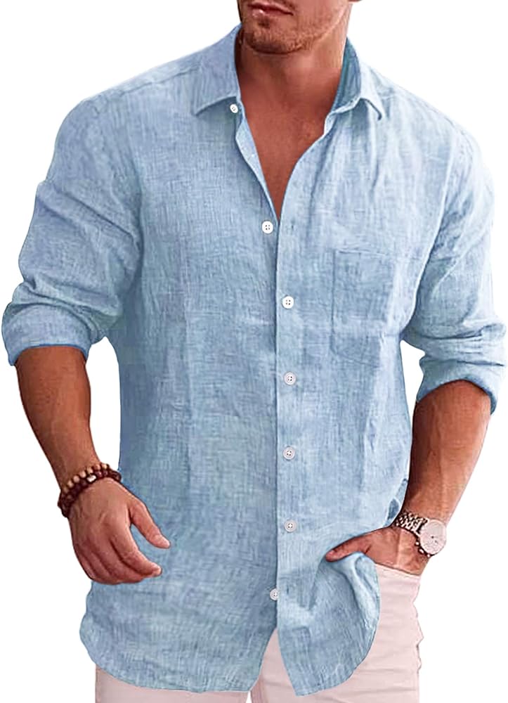 COOFANDY Men's Casual Button Down Shirt Long Sleeve Linen Chambray Shirt