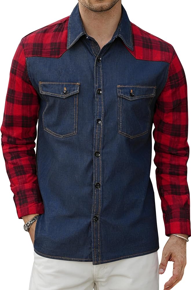 VATPAVE Men's Patchwork Denim Shirt Casual Plaid Shirts Button Down Long Sleeve Shirt with Pocket