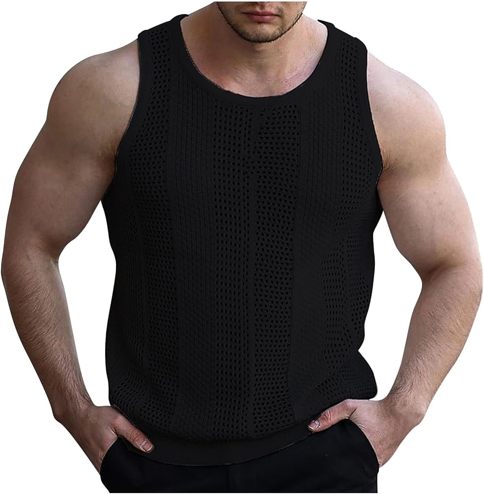 Tank Tops Men Guys Trendy Spring Summer Knit Tshirt Muscle Sleeveless Short Sleeve Hollow out Sweater Blouse Slim Fit