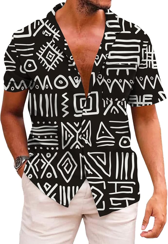 KYKU African Shirts for Men Dashiki 70s Outfits Print Button Down Shirt Men Short Sleeve Clothing