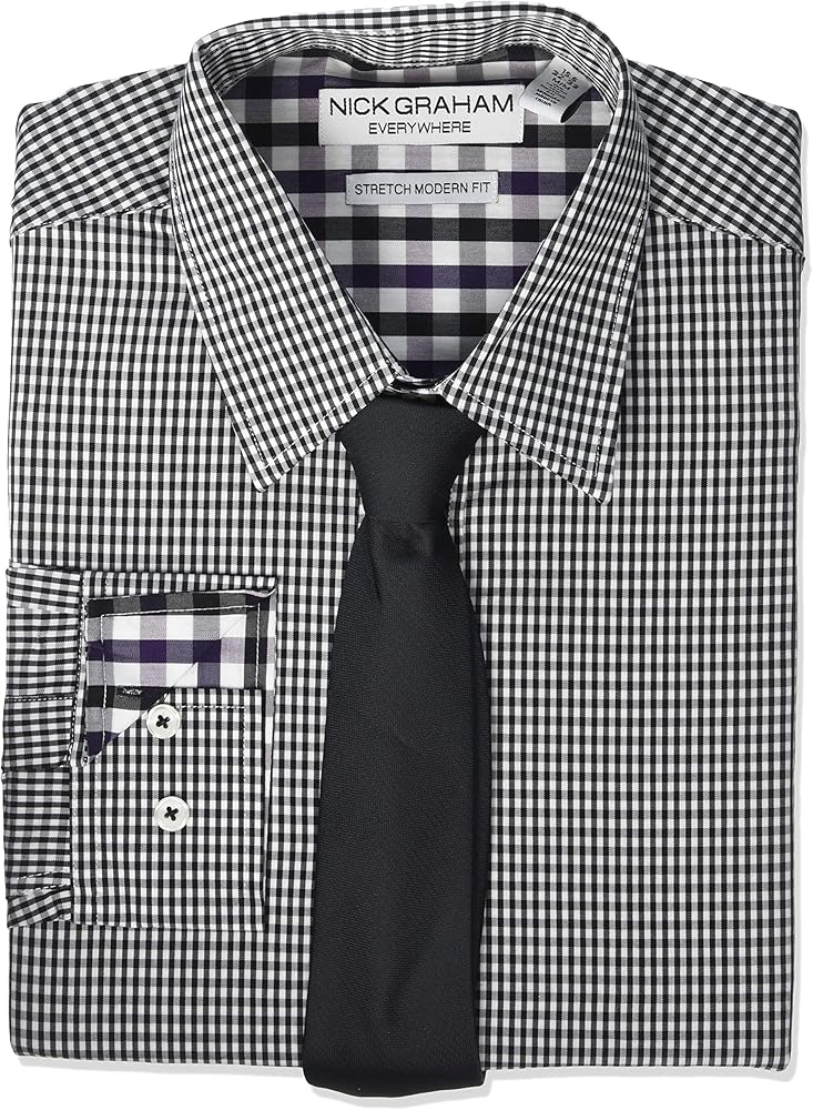 Nick Graham Men's Stretch Modern Fit Gingham Dress Shirt and Solid Tie Set