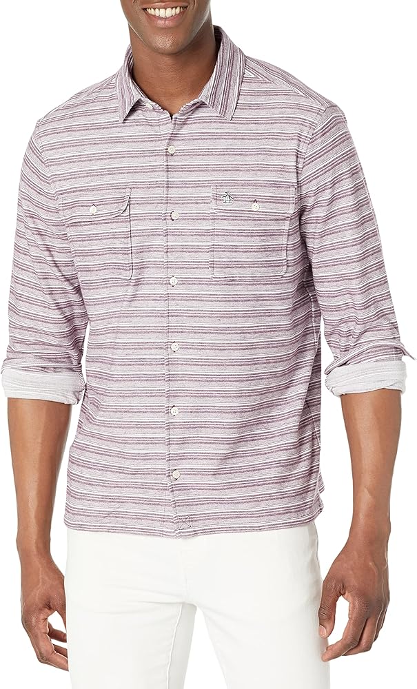 Original Penguin Men's Striped Double Pocket Long Sleeve Button-Down Shirt