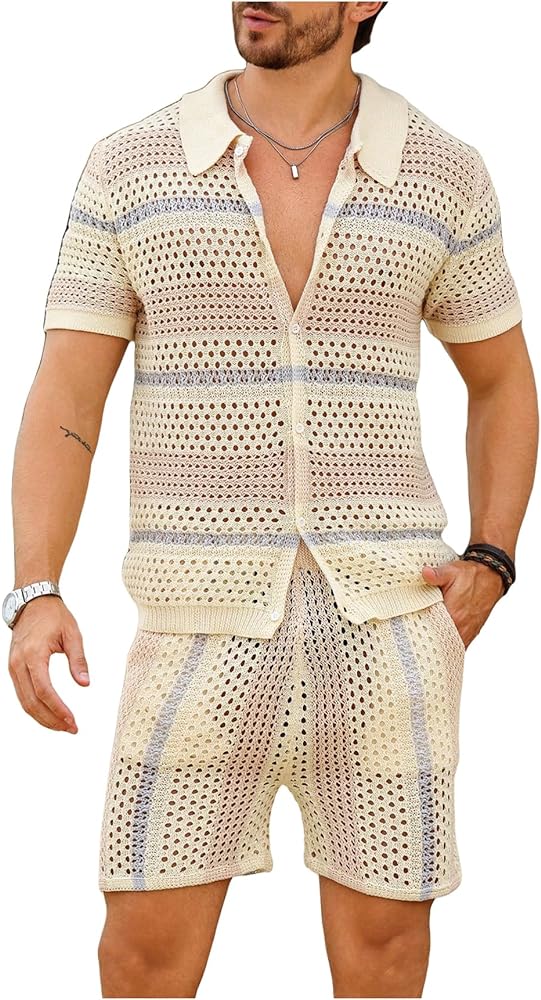 Verdusa Men's Knitted 2 Piece Outfitd Short Sleeve Hollow Out Button Up Shirt and Shorts Set