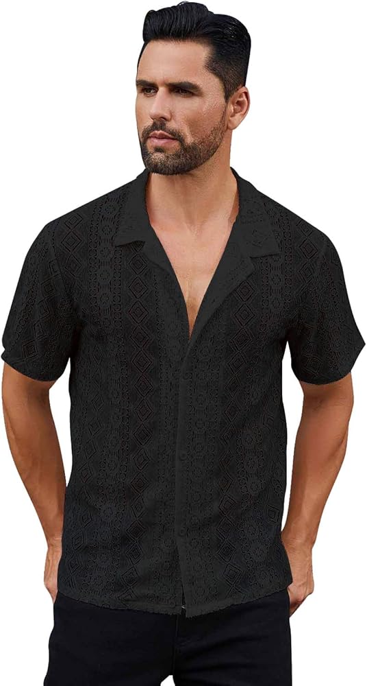 ABAFIP Men's Floral Lace Shirt Casual Short Sleeve Sheer Beach Shirt Cuban Hollow Mesh Tee Knit Rave Tops