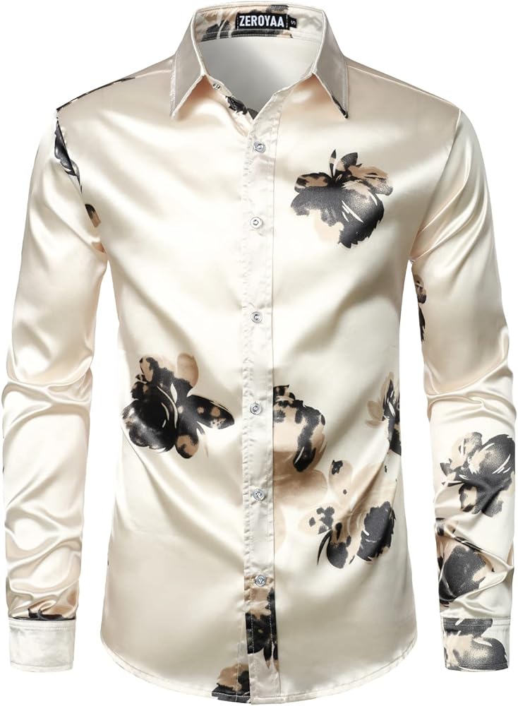 ZEROYAA Men's Hipster Fitted Silk Like Satin Dress Shirt Long Sleeve Button Down Printed Shirt for Party Prom