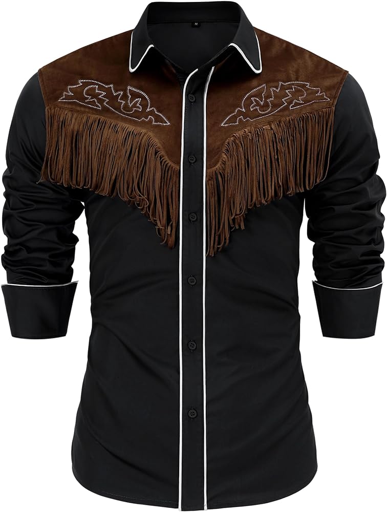 TURETRENDY Men's Western Fringe Cowboy Shirt Halloween Costume Long Sleeve Embroidered Slim Fit Casual Button Down Shirts