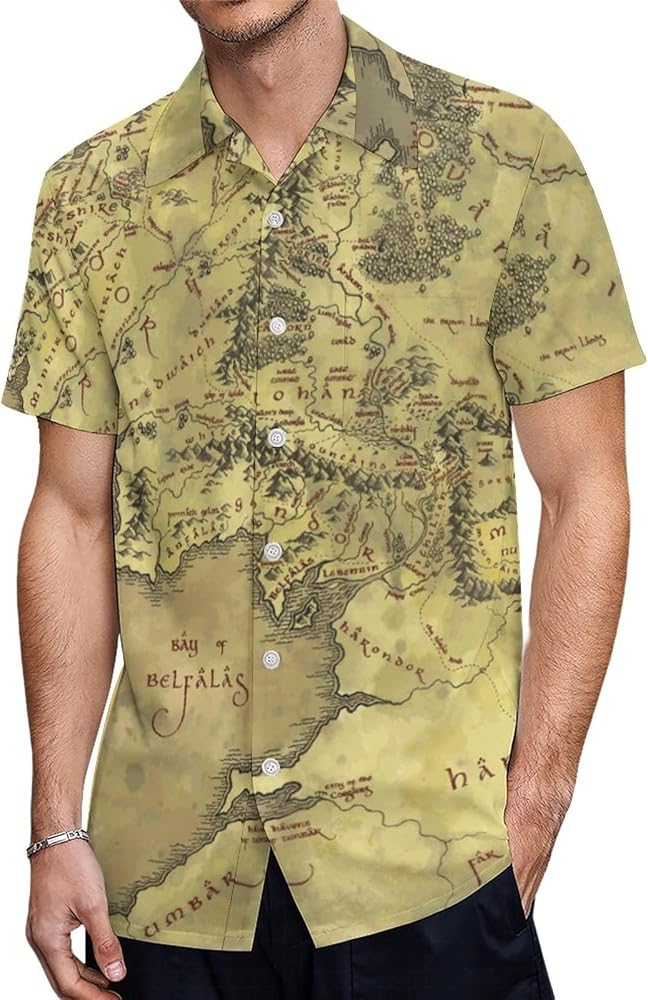 Middle Earth Map Pattern Men's Hawaiian Short Sleeve Shirt Button Down Shirt Tropical Beach Shirts