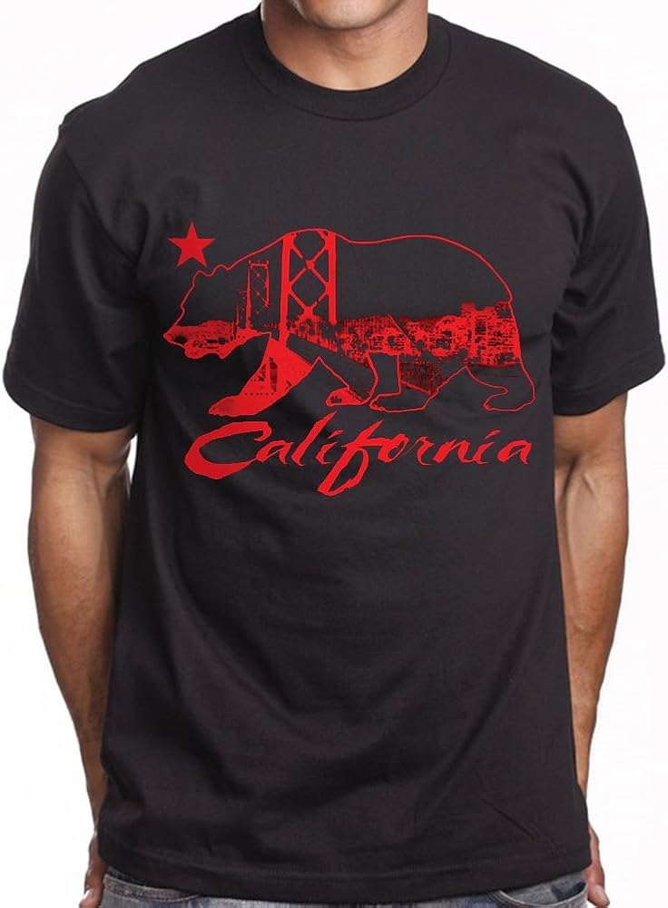 Men's Black Graphic T shirt California Red Bay Area SF Bridge Bear Tee Cali