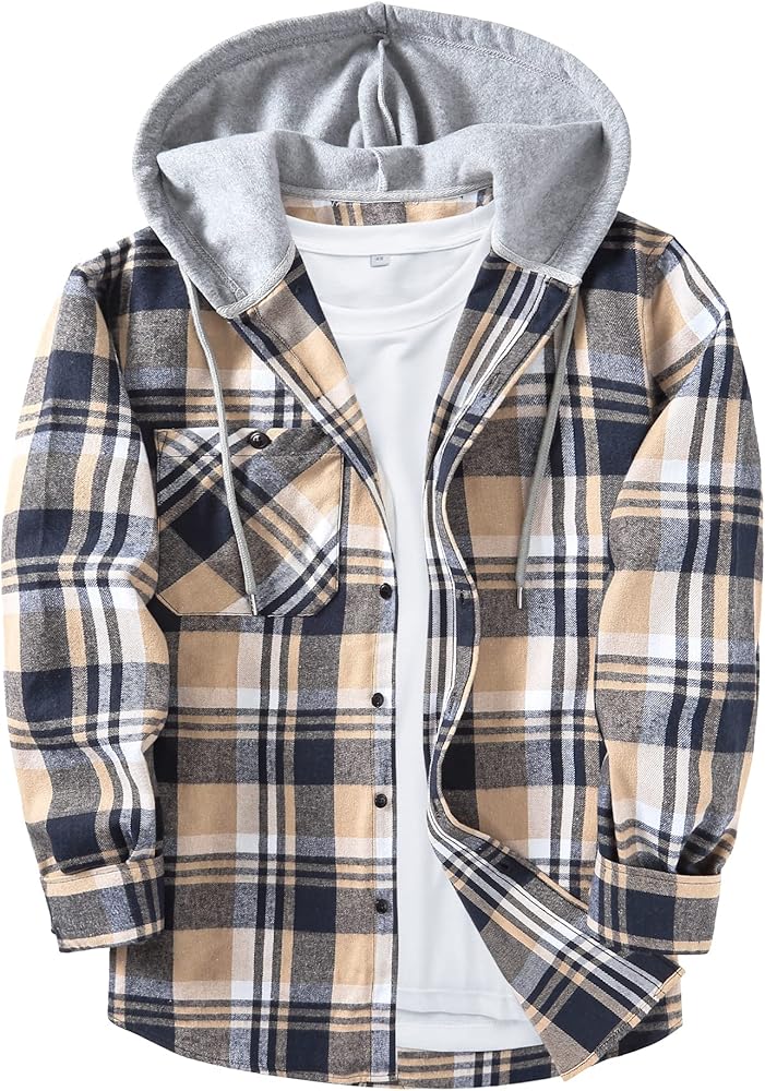 Men's Flannel Shirt Plaid Hoodie Long Sleeve Fall Casual Button Down Shirts