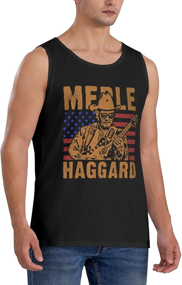 Merle Haggard Sleeveless Tank Tops for Men See Through T Shirts Casual Outdoor Shirts Black