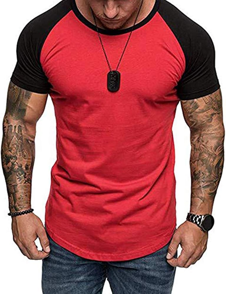 Mens Casual Short Sleeve T-Shirts Bodybuilding Muscle Fitness Gym Workout T Shirt (XXX-Large, 04 Red&Black)