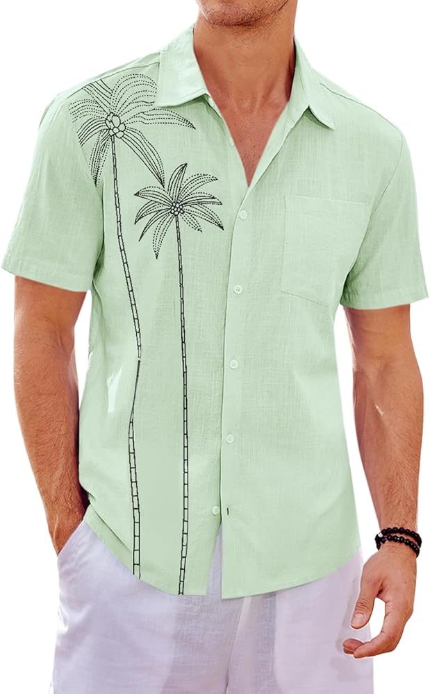 Runcati Mens Hawaiian Shirt Short Sleeve Button Down Summer Beach Vacation Cotton Linen Shirts