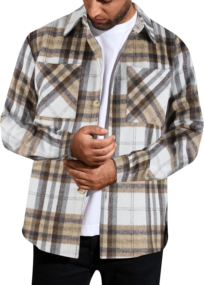 Gihuo Men's Flannel Shirt Casual Loose Long Sleeve Button Down Plaid Shacket Jacket