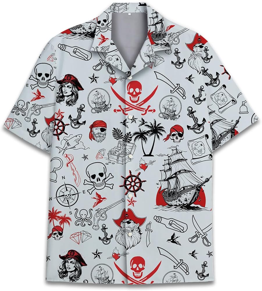 Pirate Skull Hawaiian Shirts for Men Women, Vintage Skull Pirate Treasure Map Shirt Button Down Short Sleeves