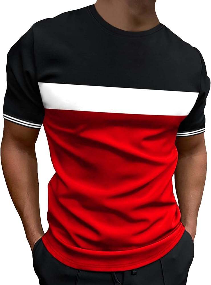 WDIRARA Men's Color Block Striped Short Sleeve Round Neck T Shirt Tee Casual Top