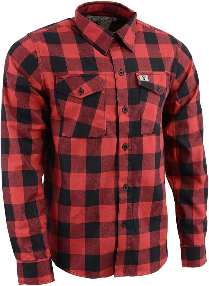 Milwaukee Leather Men's Flannel Plaid Shirt Black and Red Long Sleeve Cotton Button Down Shirt MNG11631