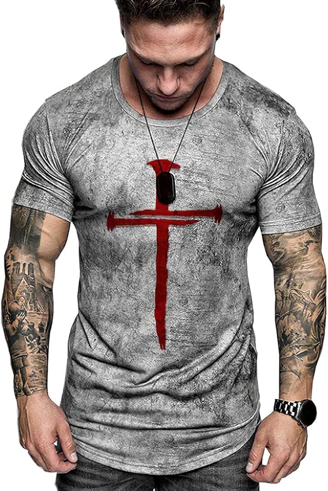 Men's Vintage Oil Painting Faith Jesus Cross Print Casual T-Shirts Christ Crewneck Short Sleeve Shirts for Men