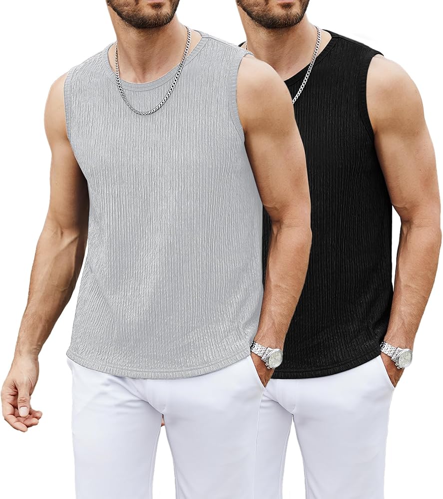 Men's Casual Tank Top 2 Pack Crewneck Sleeveless Knit Stretch Muscle Basic T-Shirts Black/Grey,3XL