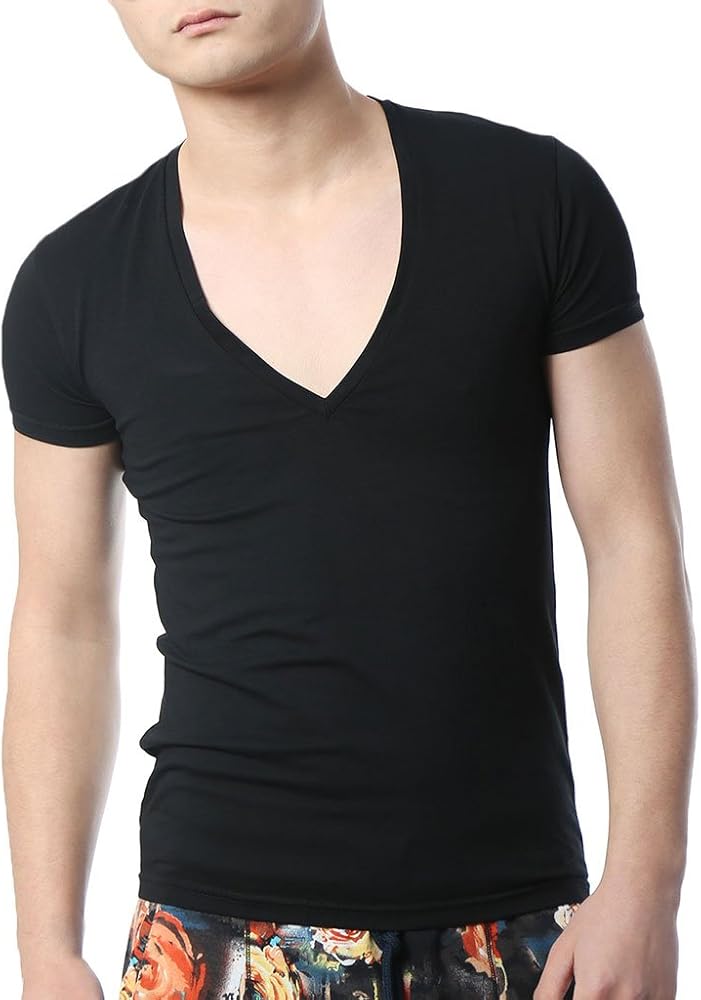 Men's V Neck T Shirts Tight Tee Stepped Hem