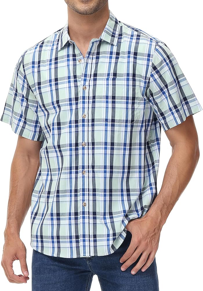 MCEDAR Slim Fit Plaid Button Down Shirts for Men Casual Short Sleeve Checked Shirt with Pocket