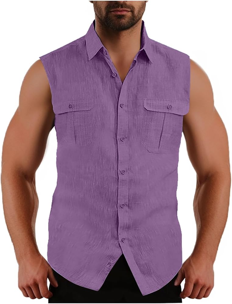 Men's Summer Beach Tank Tops Sleeveless Button Down Shirts Casual Textured Tank Shirts with Chest Pocket