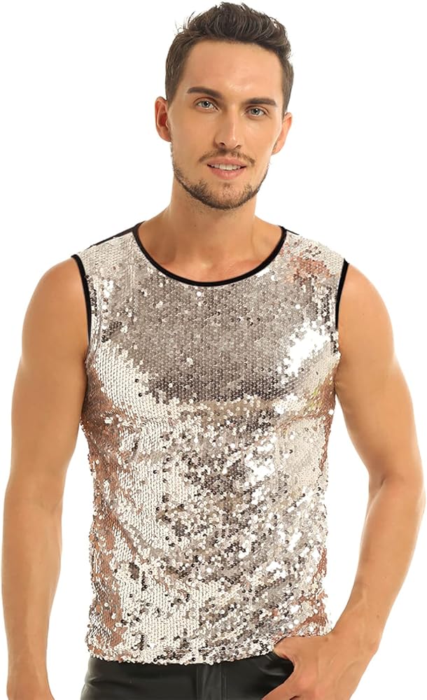 TiaoBug Men's fashion Summer Sleeveless Sequin Slim Fitted Tank Top T-shirts