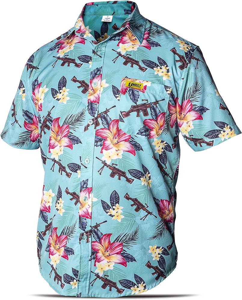 Hawaiian Shirt for Men Green M249 Button Down Shirts Men Novelty Funny Flower Weapons Shirts with Guns