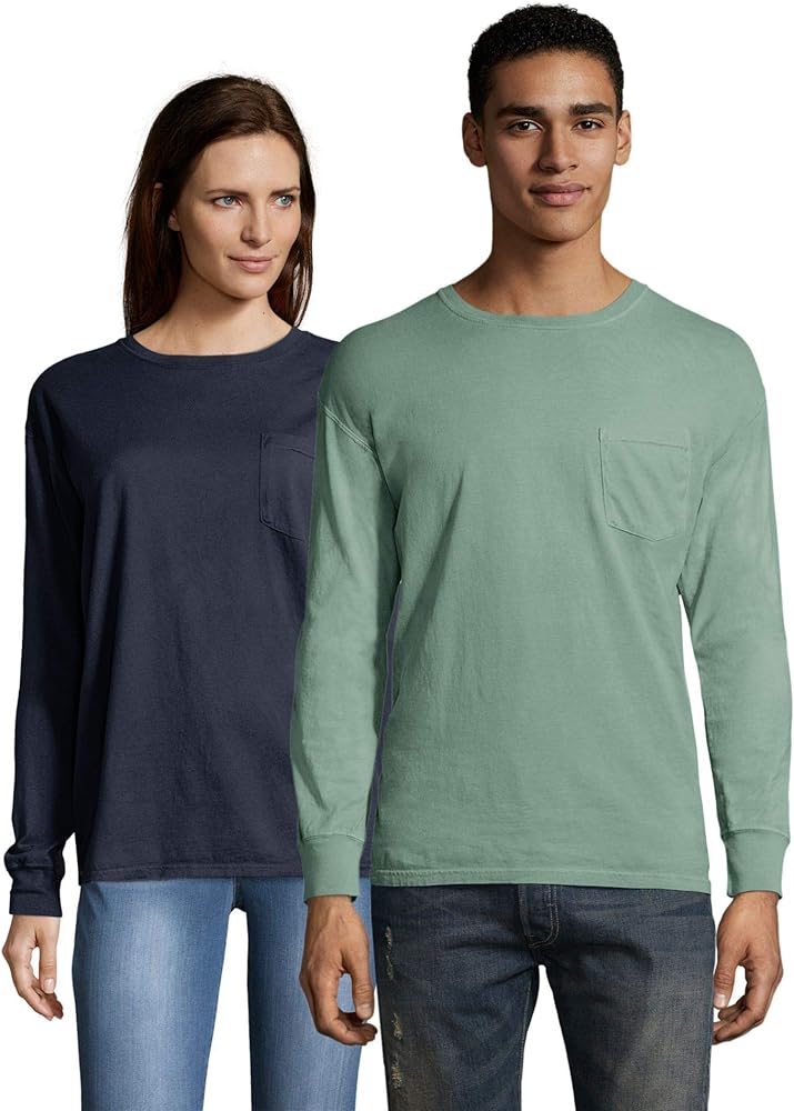 Hanes 738994348241 Mens ComfortWash Garment Dyed Long Sleeve Pocket Tee, Cypress Green - Medium