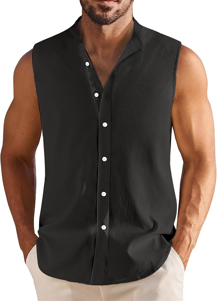 Cotton Linen Tank Tops for Men Solid Sleeveless Lightweight Button Down Shirt Summer Casual Beach Tops