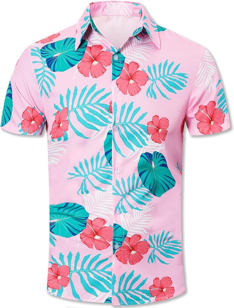 Hawaiian Party Shirt for Men, Short Sleeve Beach Printed Summer Button Down Casual Aloha Shirts, 309 Pink, X-Large