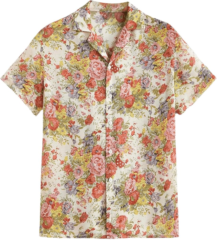 SHENHE Men's Floral Collared Button Down Shirt Short Sleeve Summer Shirt Tops