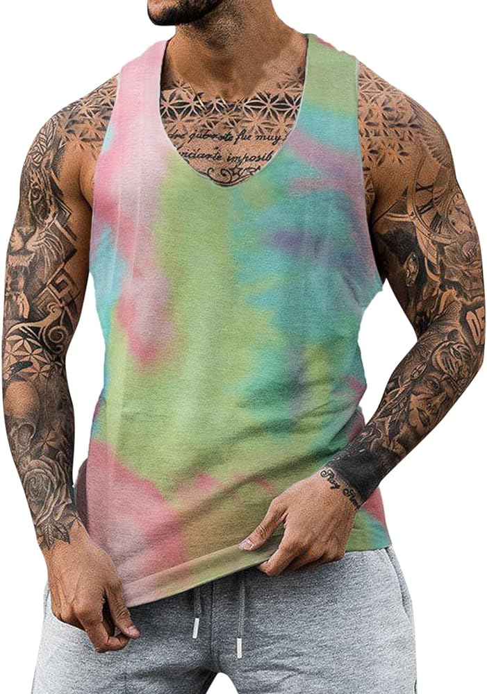 Male Spring and Summer Tie Dye Tank Oversized Breathable Strapless Sleeveless Top Tee Shirt for Men Yellow