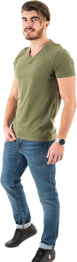 Superdry Mens Organic Cotton Essential Logo V Neck T-Shirt Thrift Olive Marl Size XL