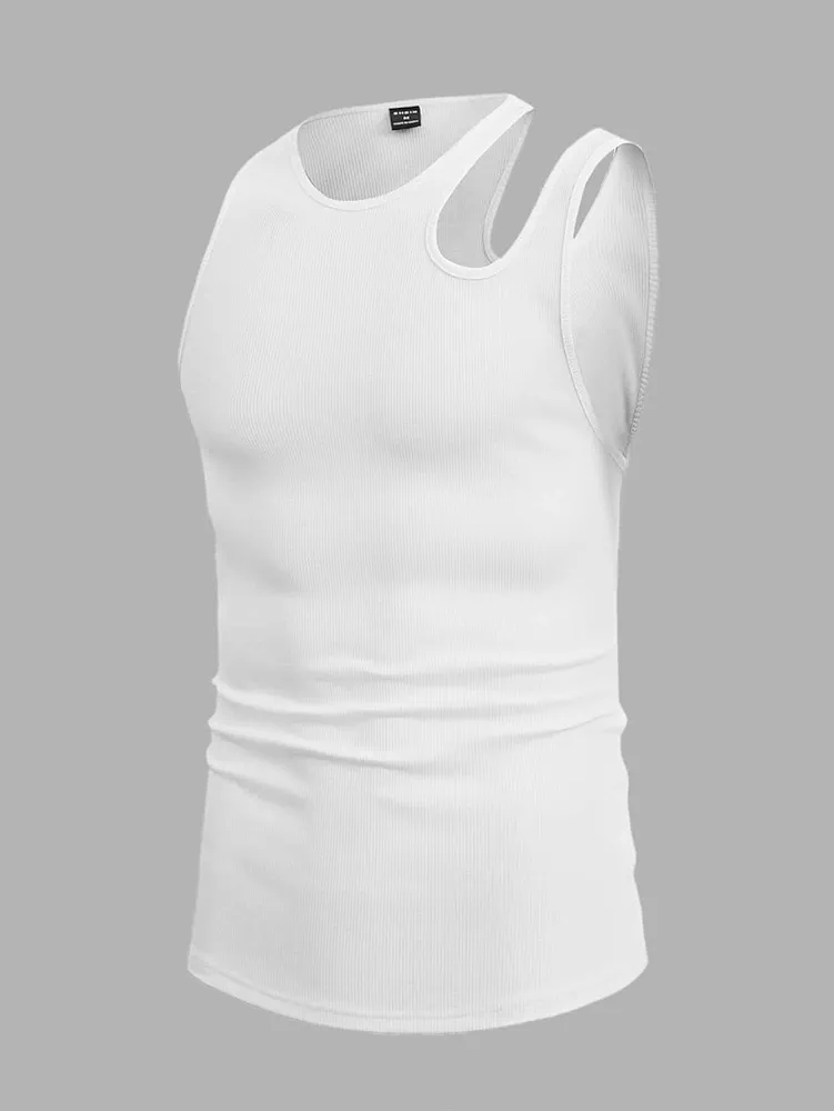 Men's T-Shirts Men Asymmetrical Neck Tank Top Men's T-Shirts (Color : White, Size : Medium)