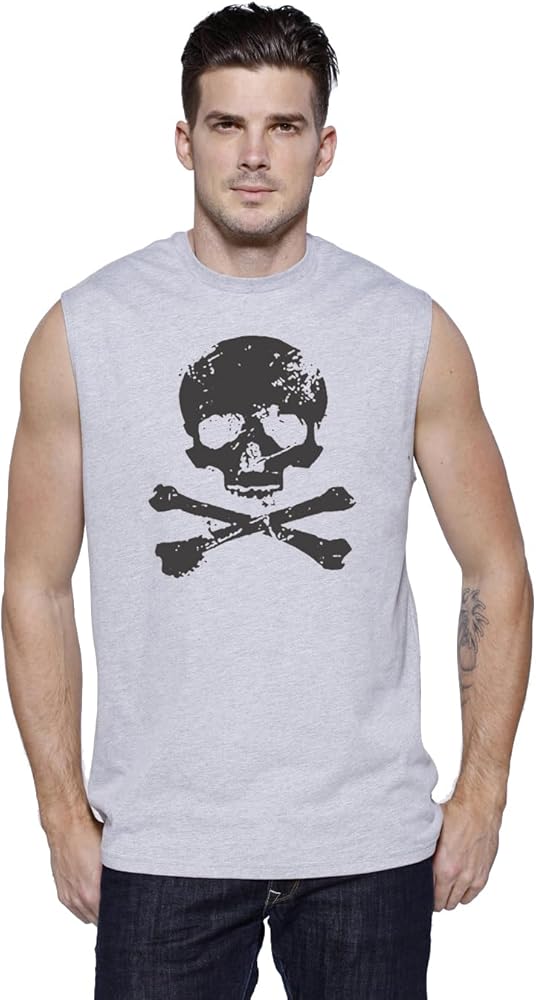 Skull Crossbones Mens Sleeveless T-Shirt Muscle Tee Tank Top Gray