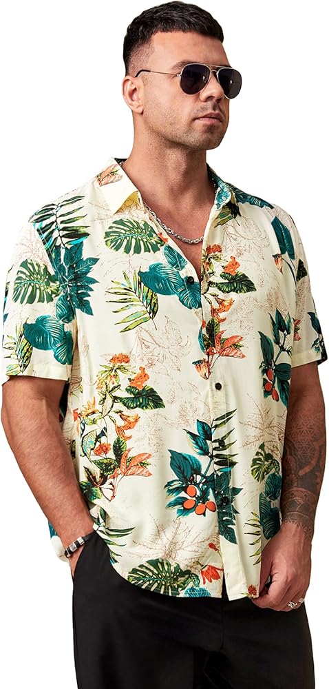 GORGLITTER Men's Floral Button Up Shirt Short Sleeve Casual Hawaiian Shirts