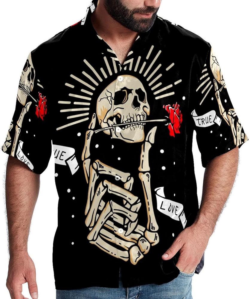 Skeleton Hand Hold Skull Red Rose Men Casual Button Down Shirts Short Sleeve